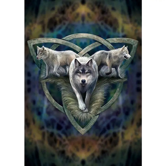 A square art card featuring three wolves surrounding a green Celtic knot shield emblem, set against a dark, mystical background with blue, green, and gold tones.