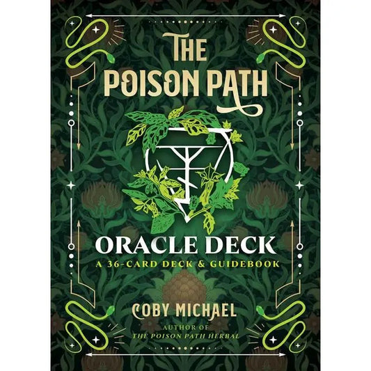 Front cover of 'The Poison Path Oracle Deck' by Coby Michael, featuring a dark green botanical background with cream text, a central white and green herb-and-symbol emblem, and decorative snake motifs in the corners.