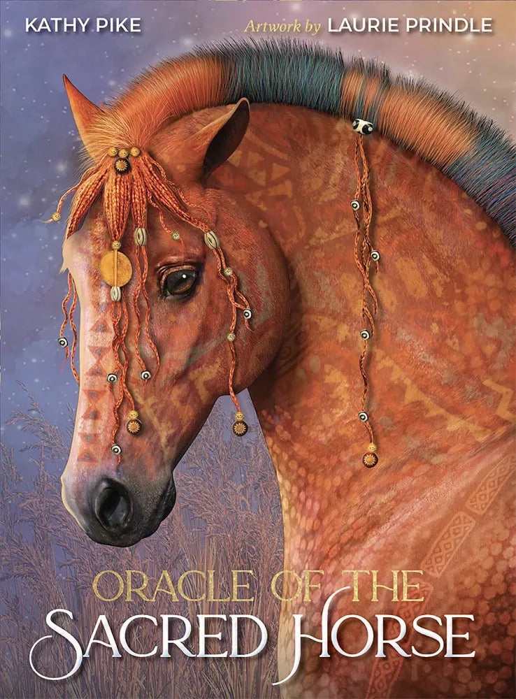 Book cover for 'Oracle of the Sacred Horse' by Kathy Pike, featuring a detailed illustration of a brown horse adorned with decorative braids and beads against a starry purple sky background.