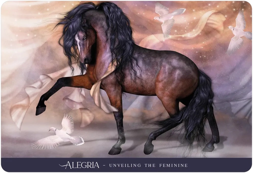 A square art print or card featuring a rearing dark brown horse with a flowing black mane and tail, surrounded by white doves against a soft pastel sky. The bottom has a dark band with the text 'ALEGRIA - UNVEILING THE FEMININE'.