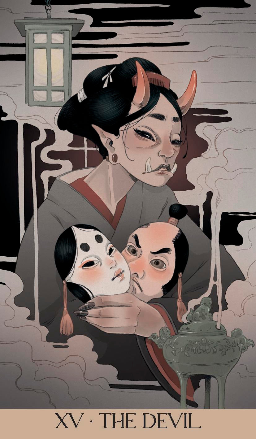 Yokai Tarot Card The Devil on a Black background