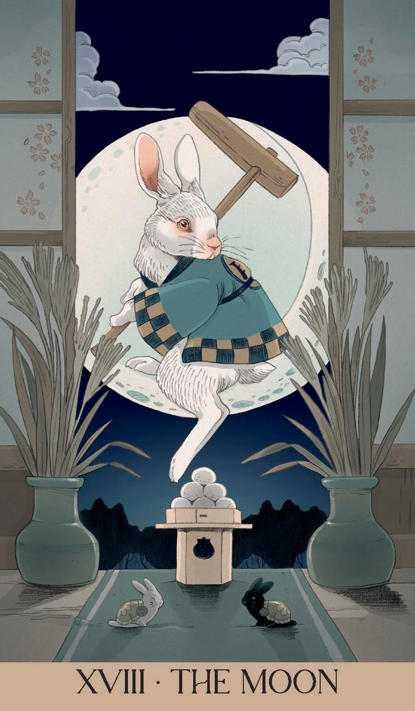 Yokai Tarot Card The Moon on a Black background