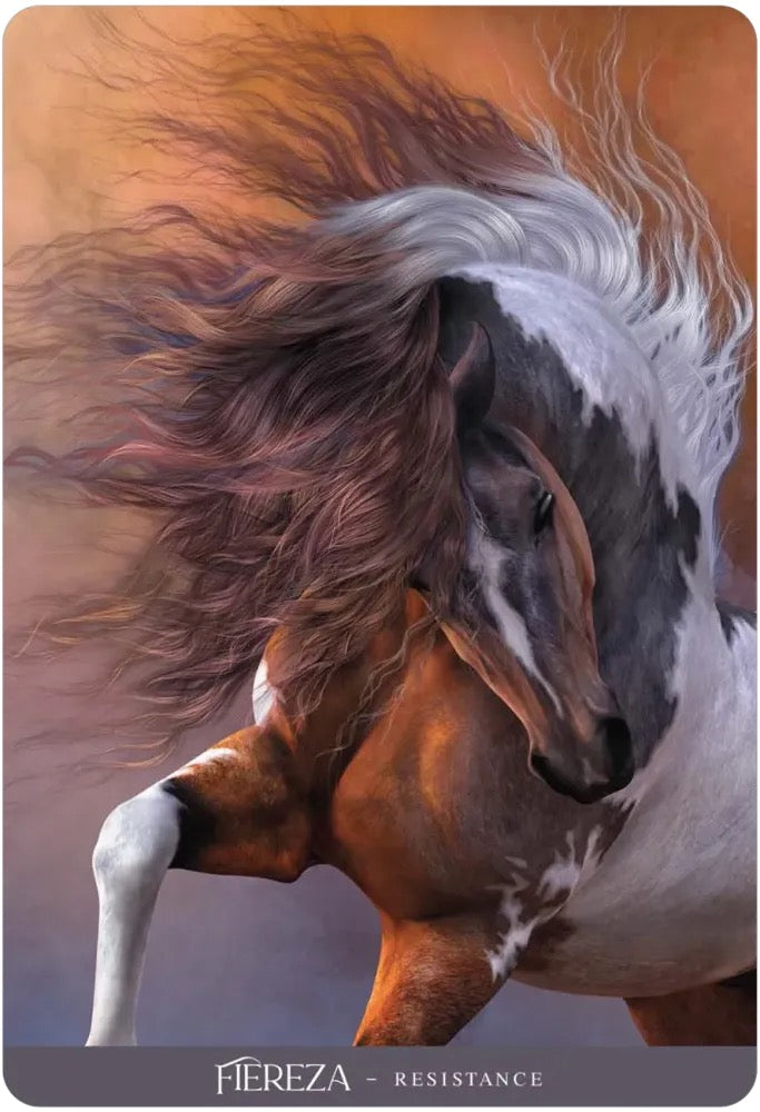 A stylized artwork of a horse with a flowing brown, white, and gray mane against a warm orange-brown background. The horse's head is turned to the side, and its front leg is raised.
