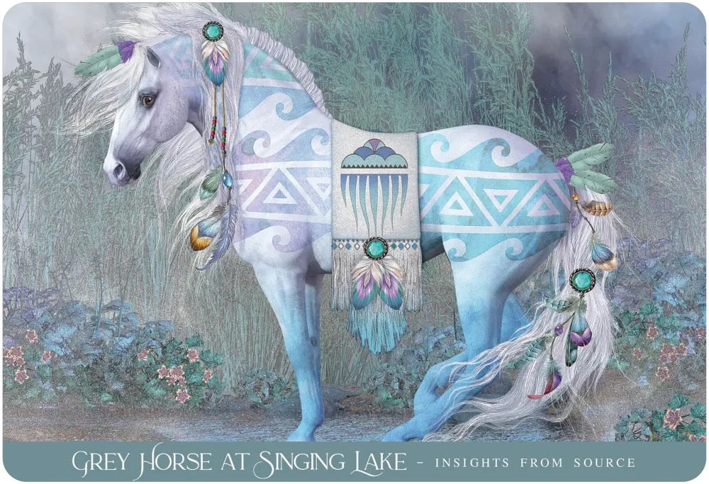 Illustrated artwork of a white and light blue horse standing in a misty forest, decorated with turquoise and purple geometric patterns, feathers, and hanging ornaments. Text at the bottom reads 'GREY HORSE AT SINGING LAKE - INSIGHTS FROM SOURCE'.