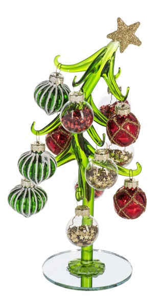 Decorative glass Christmas tree with colorful ornaments on a white background