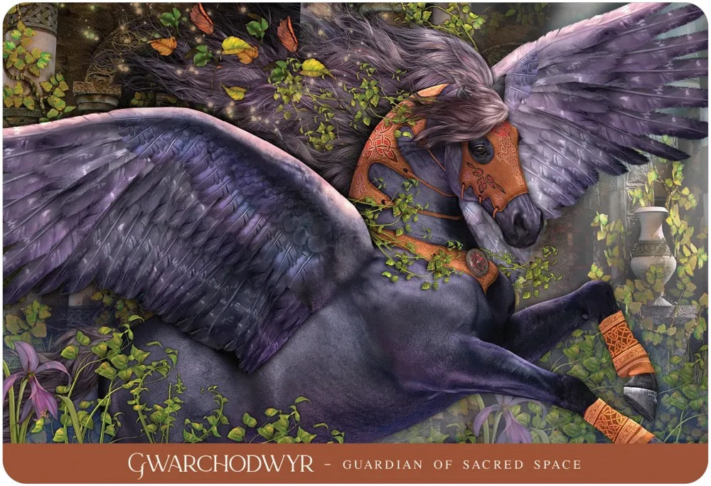 A fantasy illustration of a winged horse with dark purple-black feathers and orange-brown harness details, surrounded by green foliage and flowers. The bottom has a brown banner reading 'GWARCHODWYR - GUARDIAN OF SACRED SPACE'.