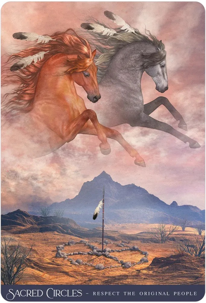 Sacred Circles tarot card featuring two horses, one brown with feathers and one gray, flying over a desert landscape with mountains and a flagpost. The text 'SACRED CIRCLES - RESPECT THE ORIGINAL PEOPLE' is printed at the bottom.