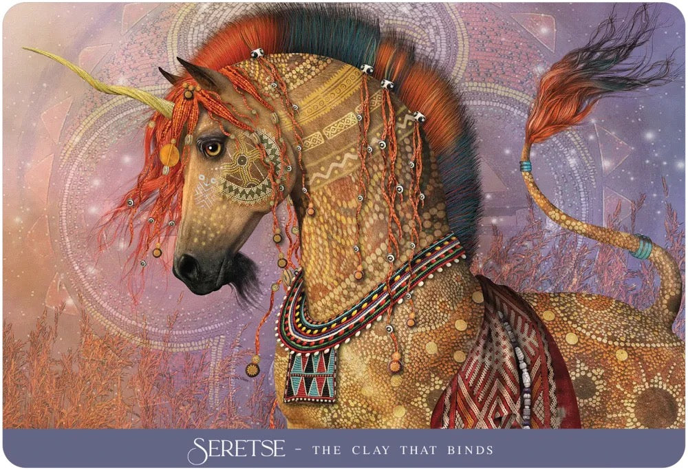 A decorative illustrated card or print featuring a stylized horse with ornate gold patterning, red and blue feather-like accents, and a purple cosmic background. The bottom band reads 'SERETSE - THE CLAY THAT BINDS'.