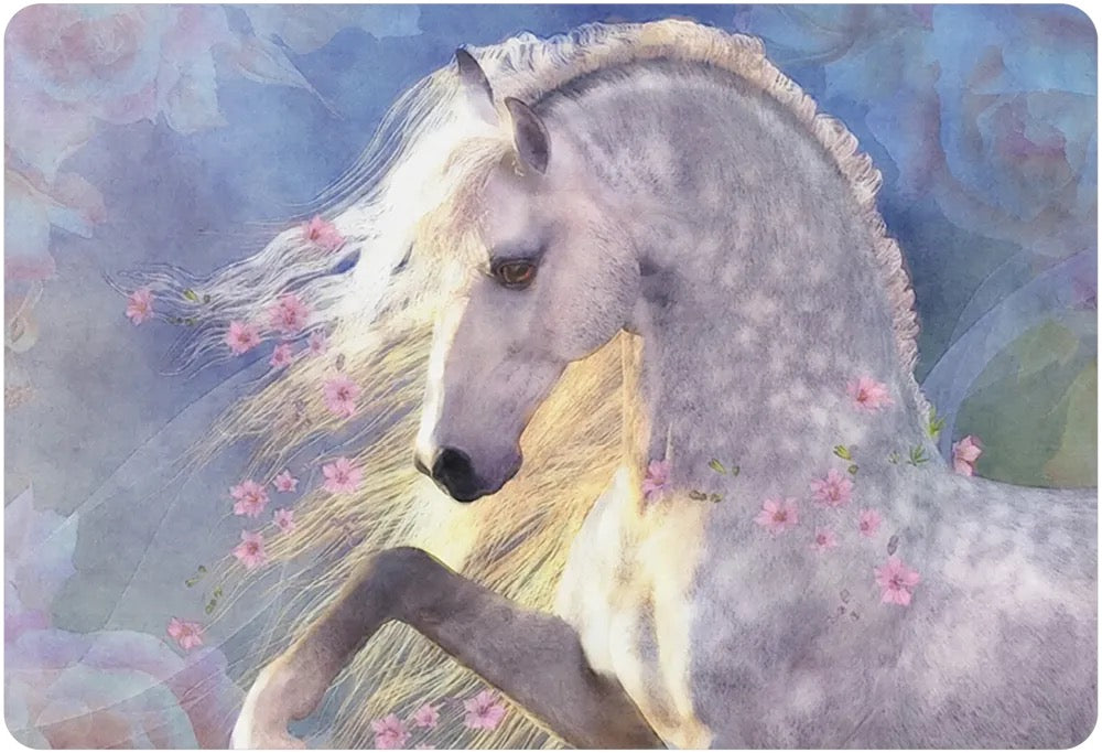 A square decorative plate or tray featuring a watercolor-style illustration of a white horse with flowing mane and small pink flowers against a soft blue and lavender background.