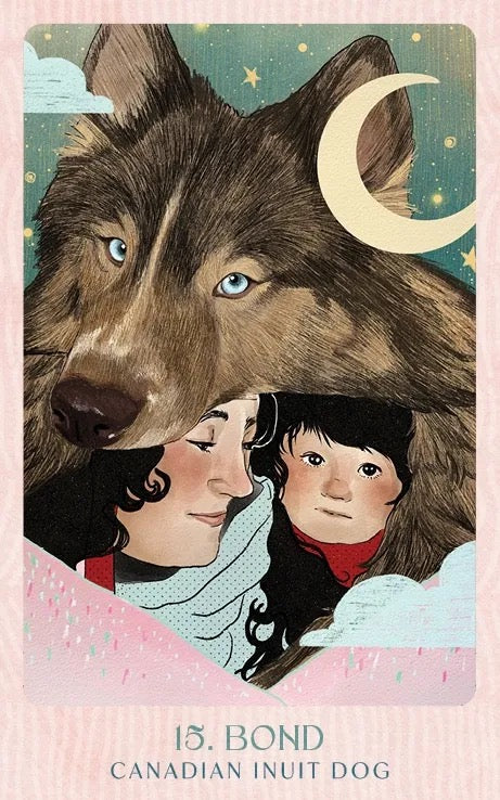 Illustration of a woman and child with a wolf's head, featuring a crescent moon and starry sky.
