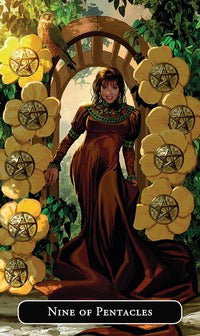 Card featuring a woman surrounded by pentacle symbols with 'Nine of Pentacles' text.