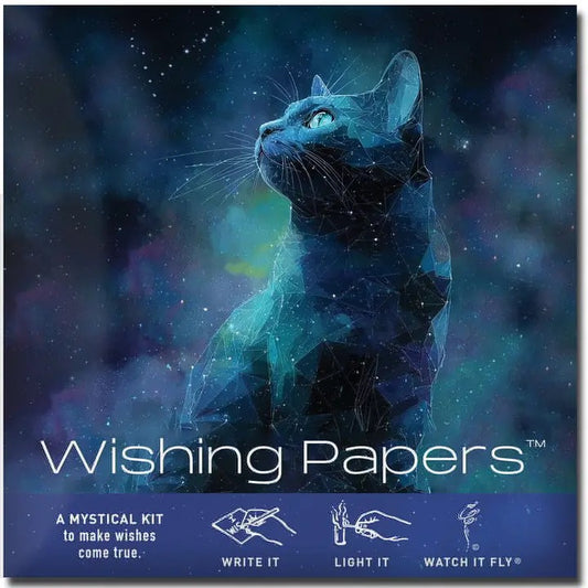 Product packaging for 'Wishing Papers' with a mystical cat design on a dark background.