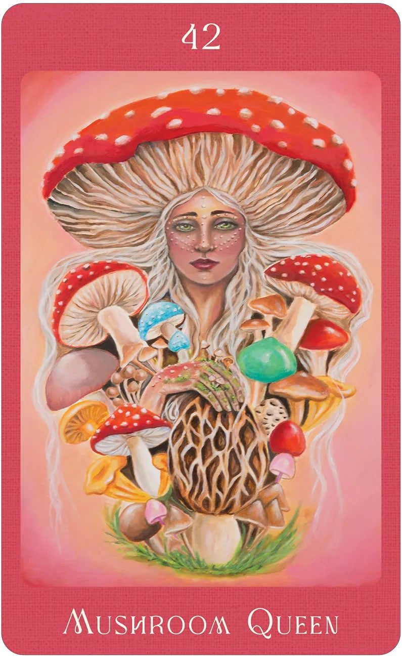 Card featuring a mushroom-themed design with a central figure and the text 'Mushroom Queen' on a pink background.