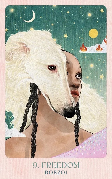 Person wearing a Borzoi dog mask with a stylized background featuring stars and moons.