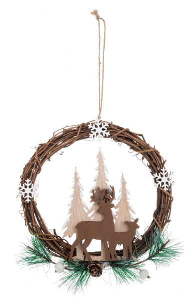 Decorative wreath with reindeer and trees on a white background
