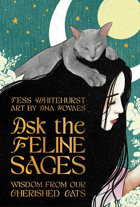 Book cover of 'Ask the Feline Sages' with a woman and cat illustration.