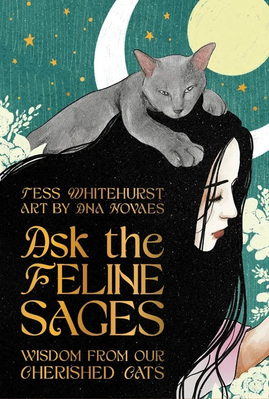 Book cover of 'Ask the Feline Sages' with a woman and cat illustration.