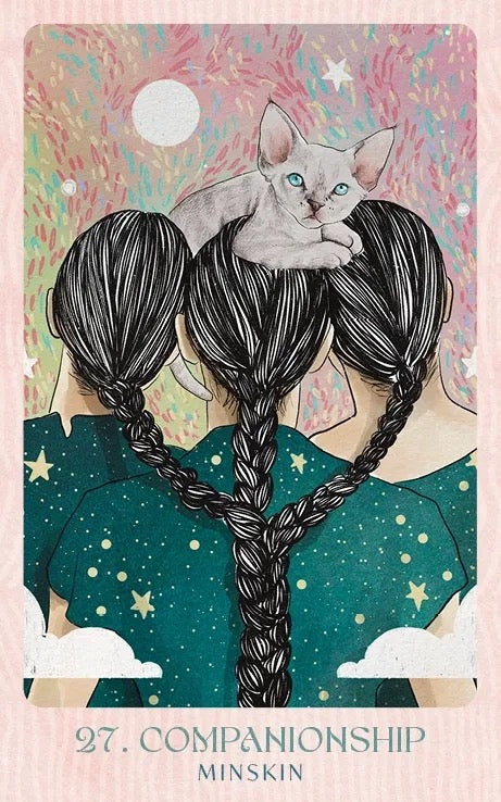 Illustrated card with three heads with braided hair and a cat on top