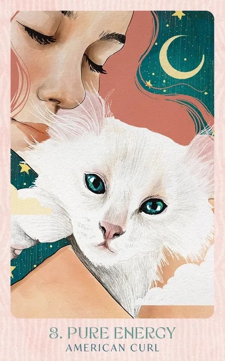 Illustration of a woman and a white cat with blue eyes, set against a celestial background.