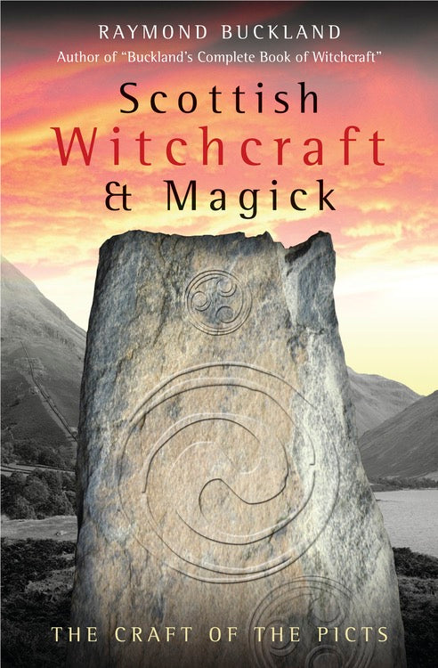 Book cover of 'Scottish Witchcraft & Magick' with a stone monument and mountainous background.