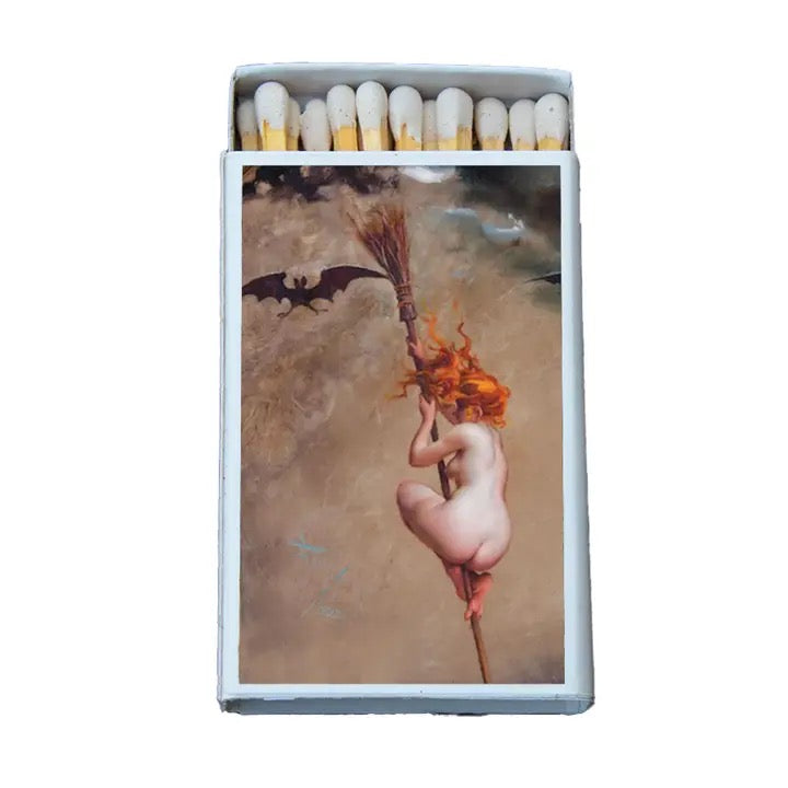 Matchbox Witch on Broom With Bat on white background