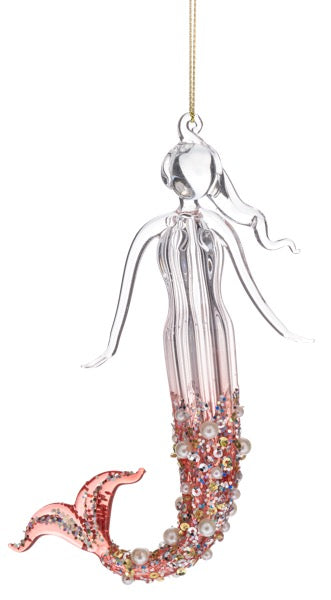 Mermaid ornament with pink tail and silver body on a white background