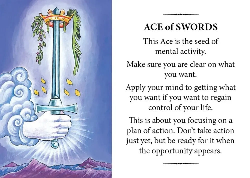 A card or booklet page titled 'ACE of SWORDS' with illustrated artwork on the left showing a hand holding a sword with clouds and mountains, and text on the right explaining the Ace's meaning for mental activity and action.