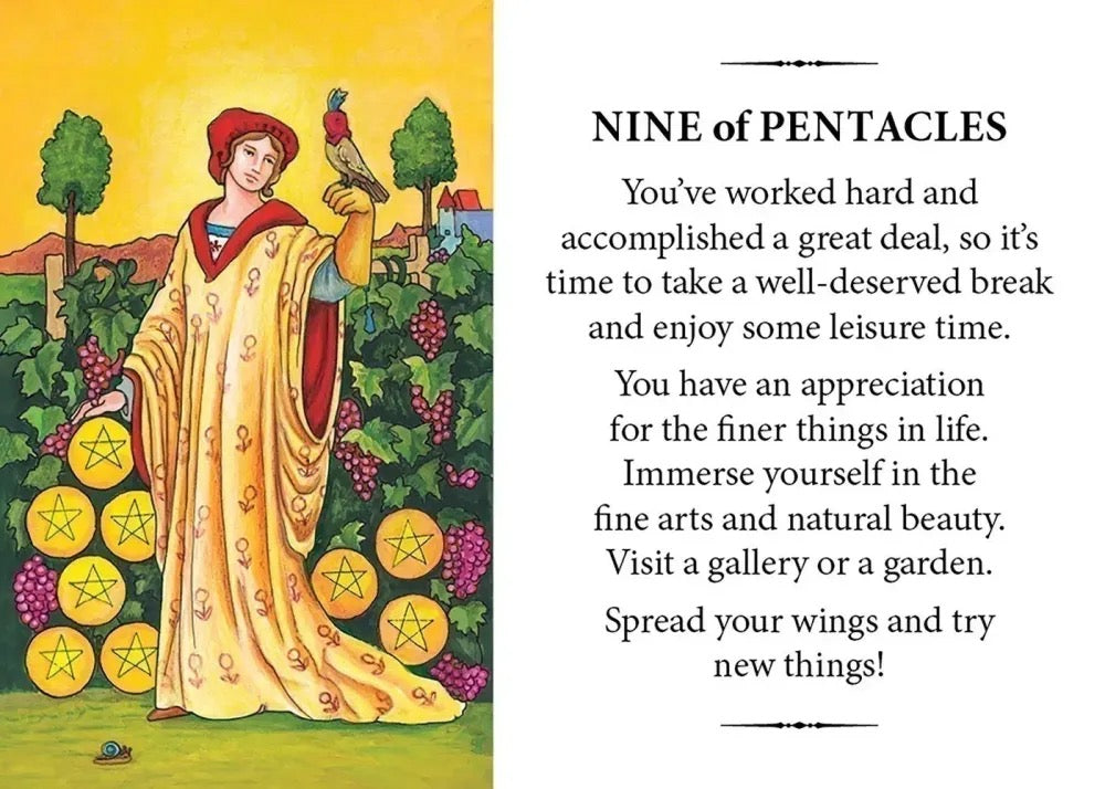 A printed card or poster with a vintage-style illustration on the left and text on the right. The illustration shows a robed woman standing in a garden with penta-cube symbols and grapes, while the right side reads 'NINE of PENTACLES' followed by a paragraph of text.