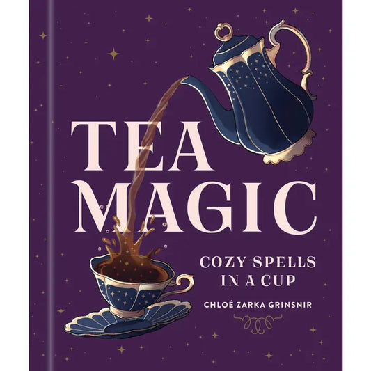 Book cover of 'Tea Magic' with a teapot pouring tea into a cup on a purple background.