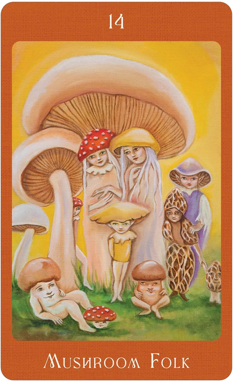 Card featuring illustrations of mushroom people with a colorful border and text.