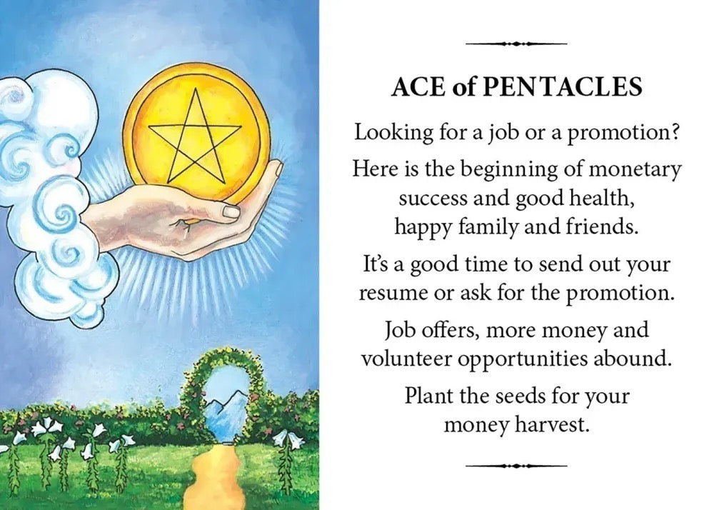 A card or poster titled 'ACE of PENTACLES' with illustrated artwork on the left showing a hand holding a golden pentacle coin, clouds, a green landscape, and a path, plus a text panel on the right with motivational job-and-success wording.