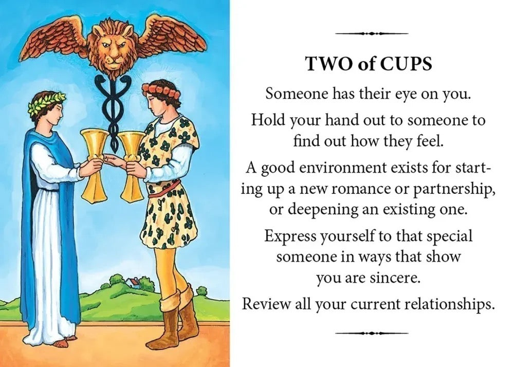 A printed card or poster with an illustrated scene on the left and text on the right. The illustration shows two people in classical-style clothing holding gold cups beneath a winged lion and caduceus symbol.