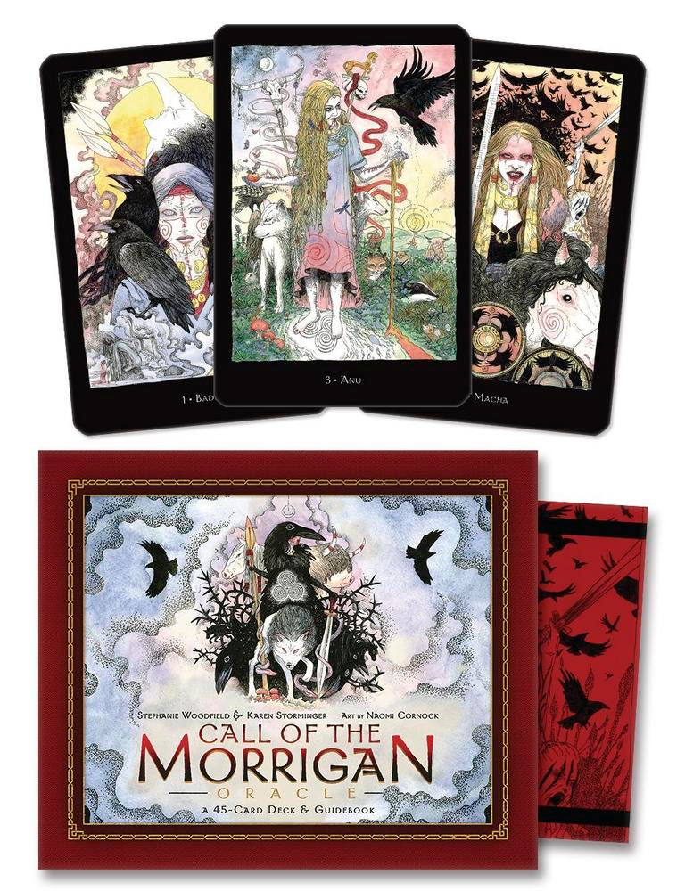 Set of tarot cards with 'Call of the Morrigan' packaging on a white background