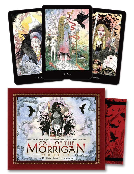 Set of tarot cards with 'Call of the Morrigan' packaging on a white background