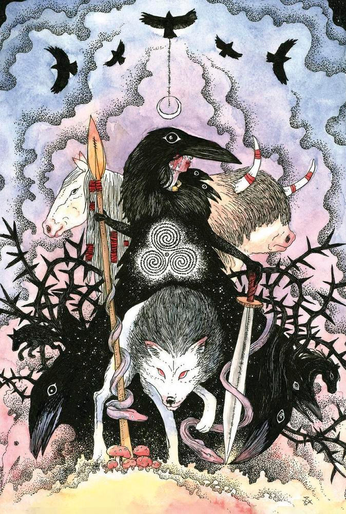 Artistic depiction of a central figure with animals and symbols, surrounded by birds and nature elements.