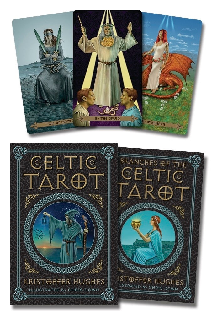 Celtic Tarot cards with their cover featuring illustrations of figures and text.