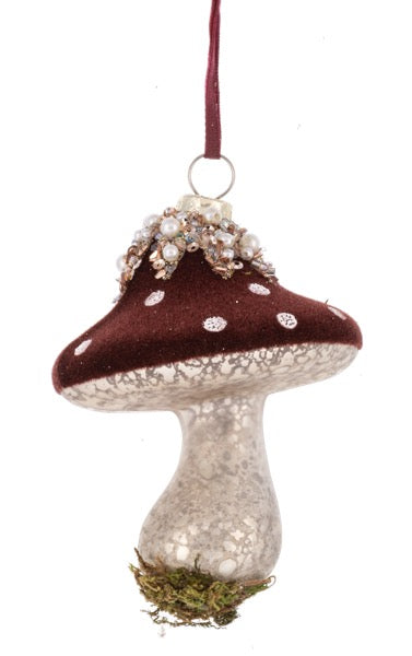 Decorative mushroom ornament with brown cap and silver stem on a white background