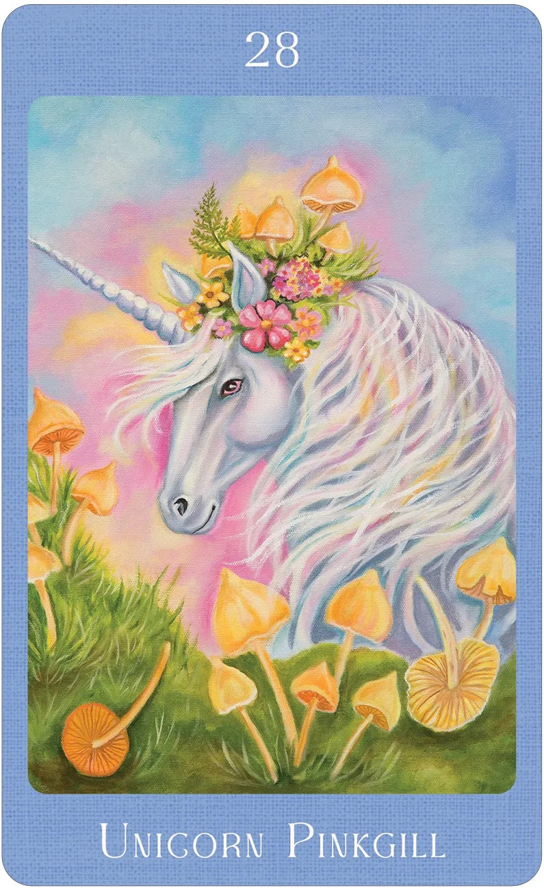 Unicorn with floral crown among mushrooms on a colorful card