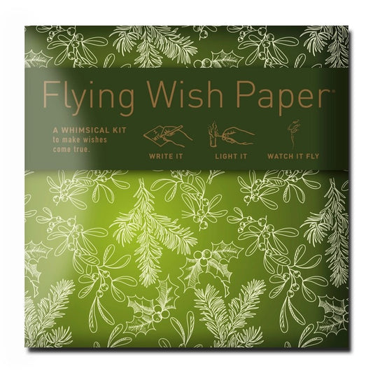Green package of 'Flying Wish Paper' with floral patterns and text.