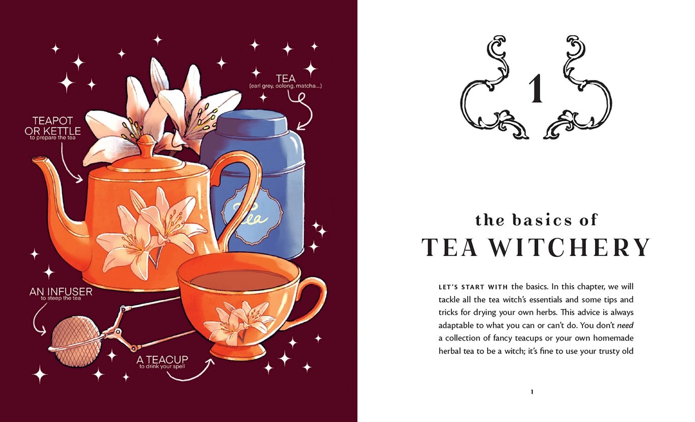 Tea-making items with text on tea witchery on a red and white background