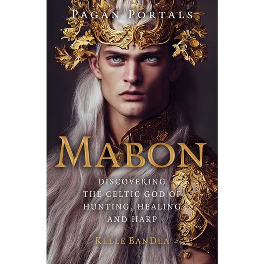 Book cover of 'Mabon' featuring a person in regal attire with gold text.