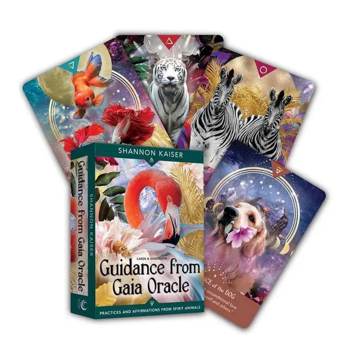 Set of oracle cards with animal illustrations and a book titled 'Guidance from Gaia Oracle' on a white background.