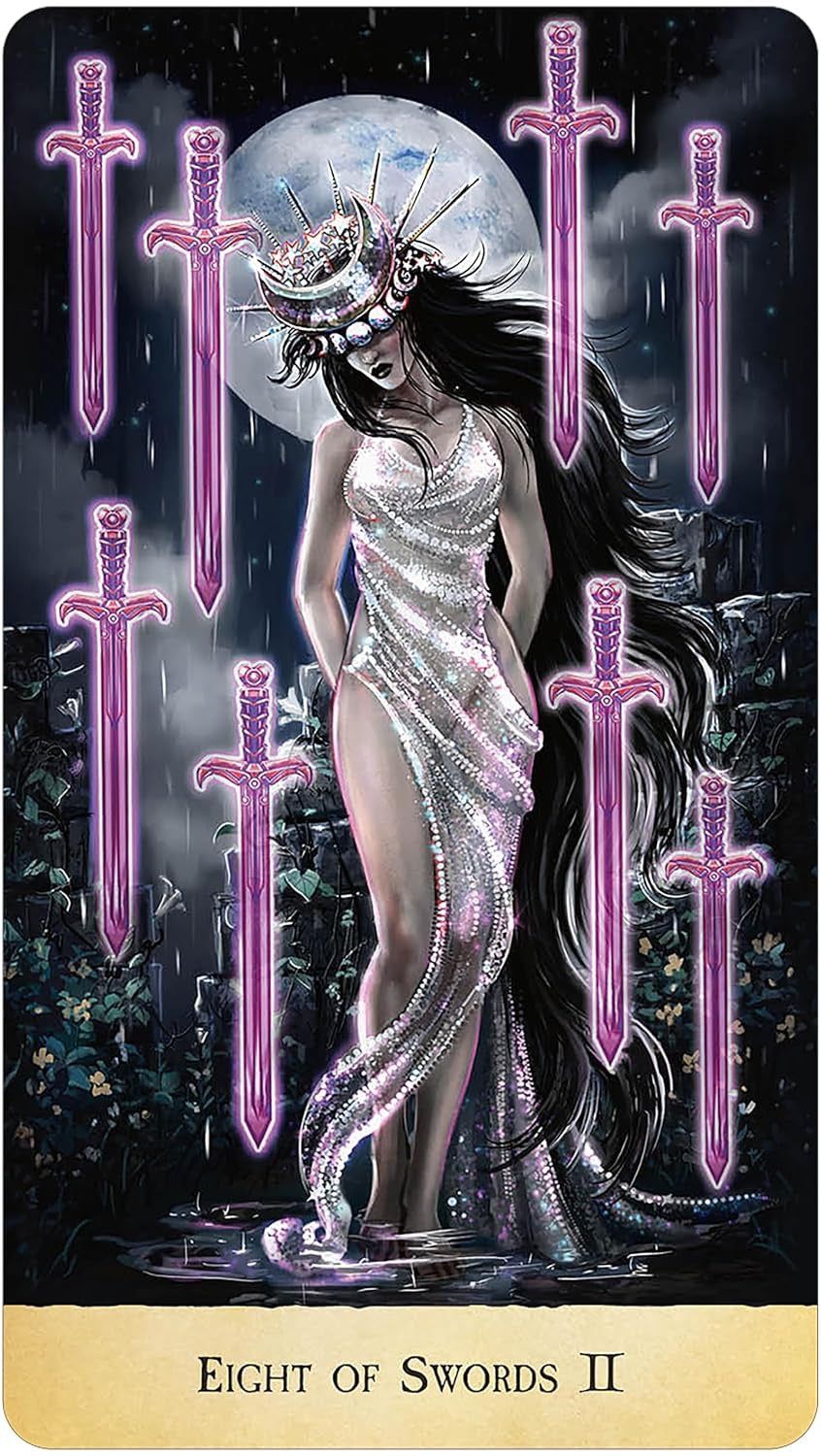 Tarot card featuring a woman surrounded by swords with a dark, mystical background.