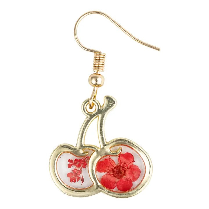Gold cherry-shaped earrings with red floral designs on a white background