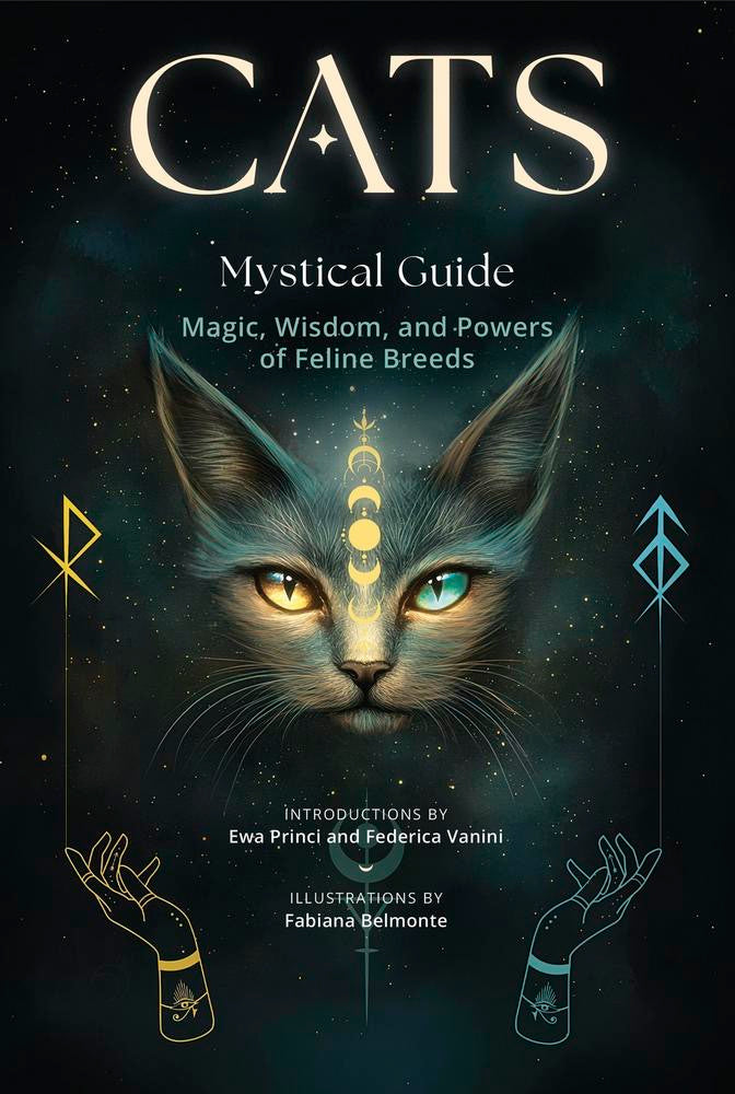 Book cover for 'CATS: Mystical Guide' featuring a detailed illustration of a cat with glowing yellow and green eyes, mystical symbols, and author/illustrator credits on a dark starry background.