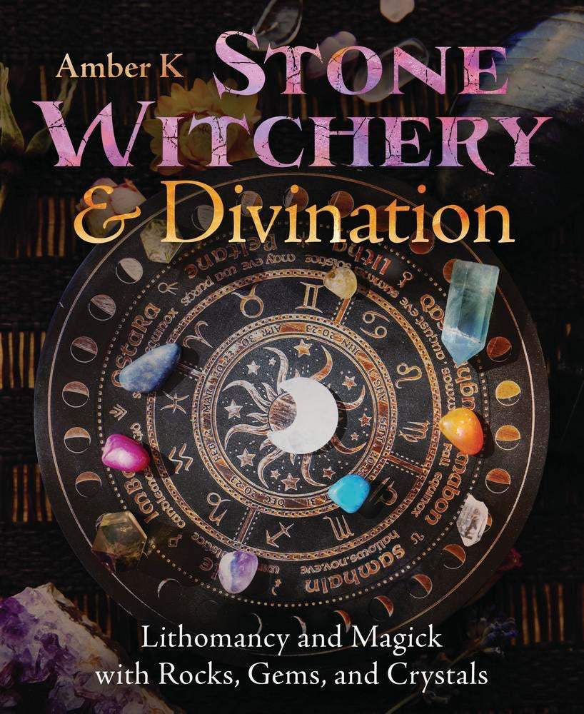 Book cover of 'Stone Witchery & Divination' with astrological symbols and crystals.