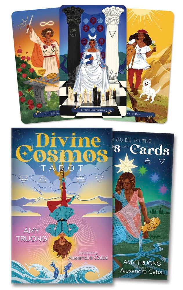 Set of tarot cards with 'Divine Cosmos Tarot' book by Amy Truong and guidebook by Alexandra Cabal.