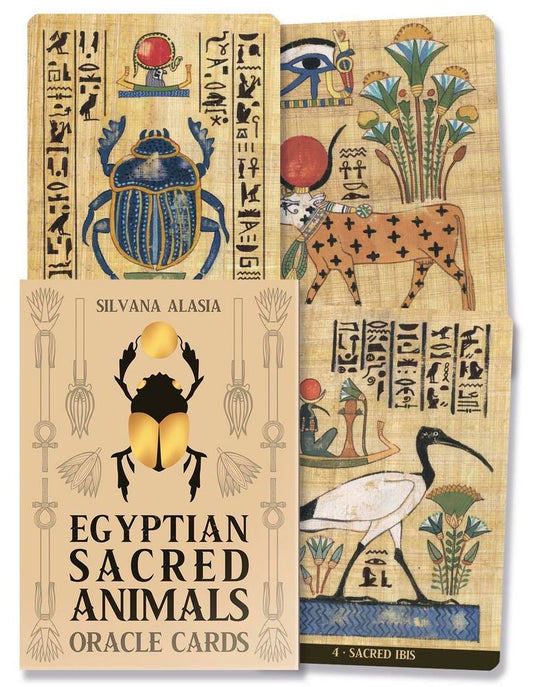 Oracle cards with Egyptian sacred animals designs and Silvana Alasia branding.