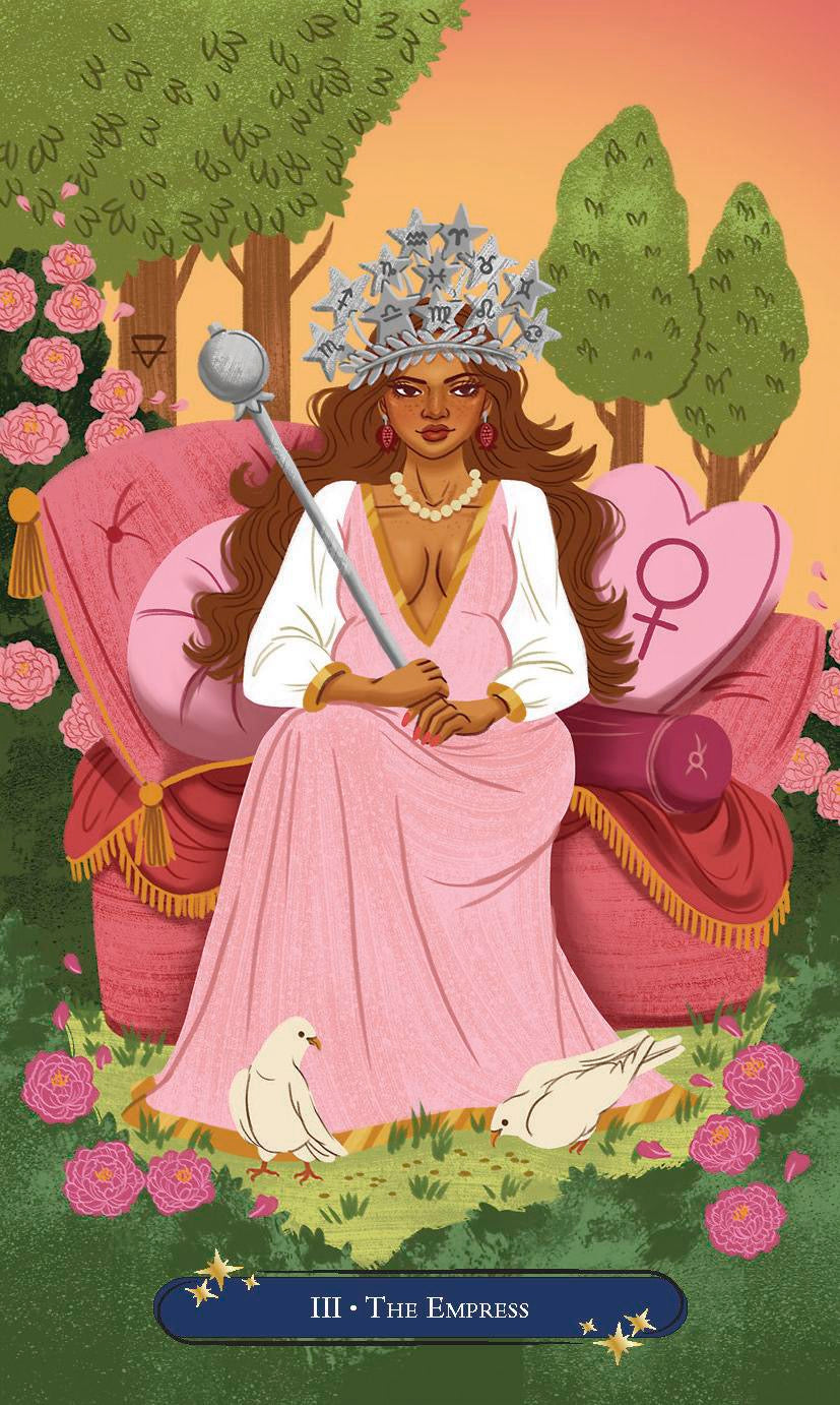 Card featuring a woman in a pink dress sitting on a throne with trees and flowers in the background