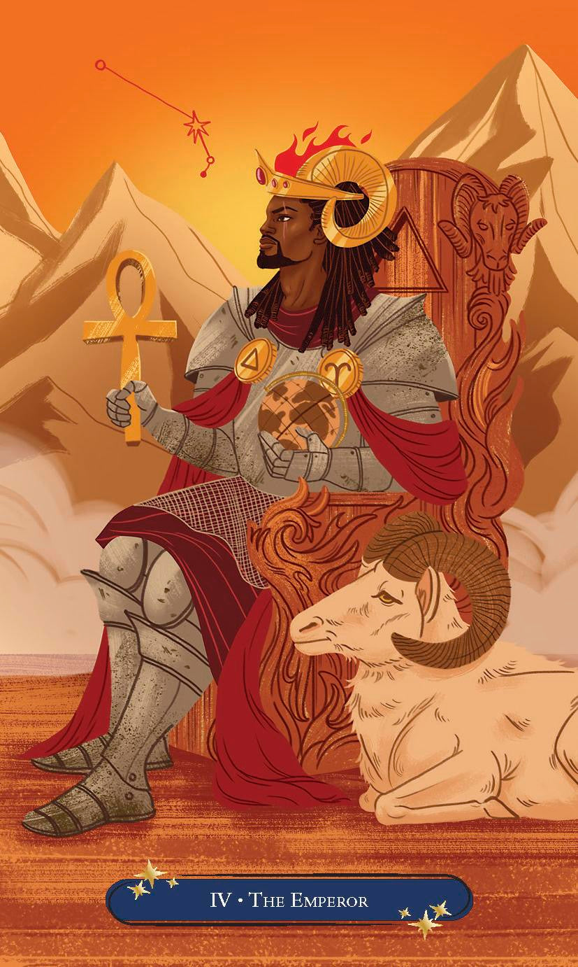 Tarot card illustration of IV. The Emperor, showing a crowned warrior seated on a throne with a ram at his side, set against a desert mountain background with an orange sky and a blue title banner at the bottom.